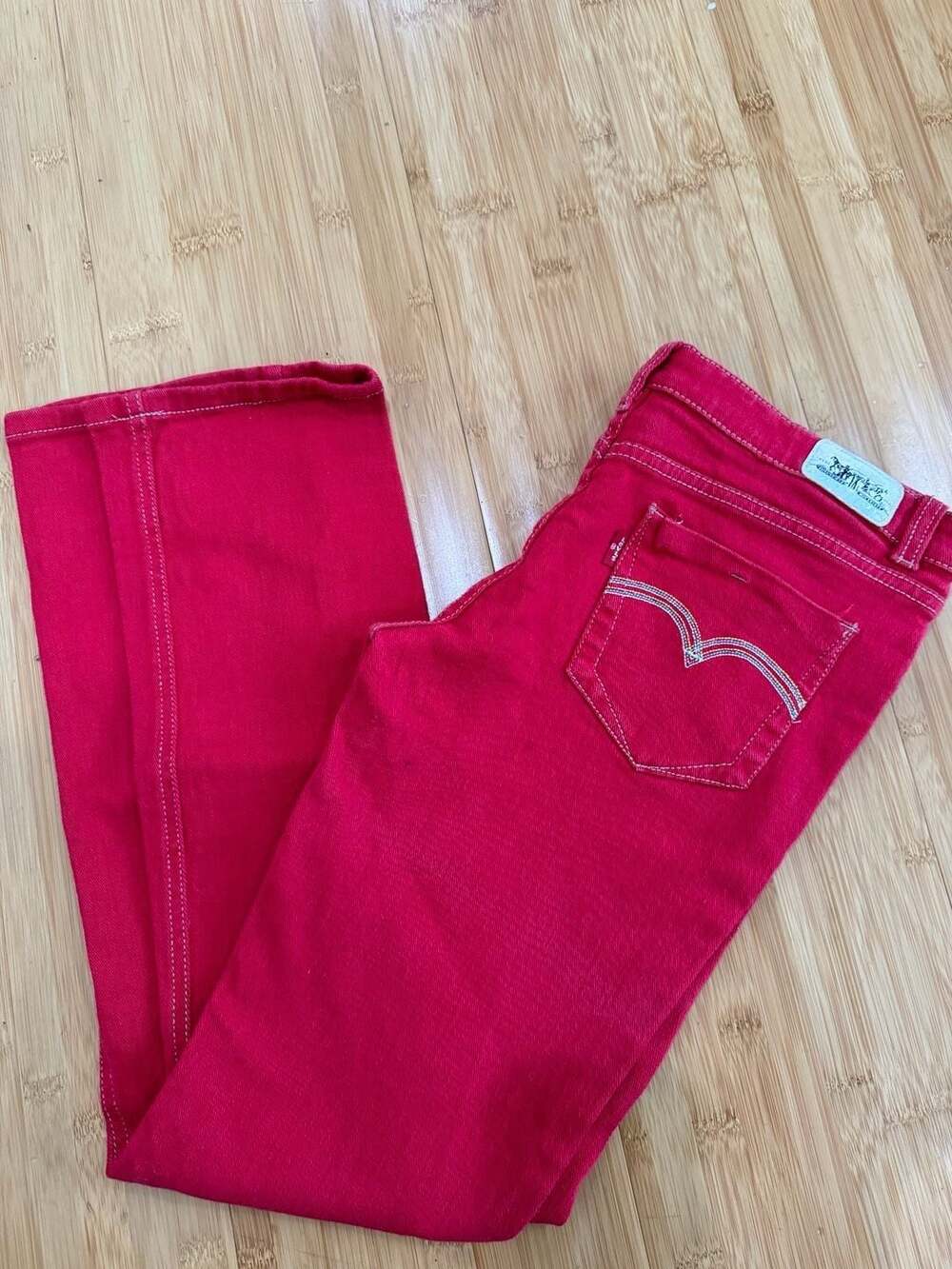 Levi's Red Tab Jeans, Hot Pink Red With Rainbow Pocket, Size 31
